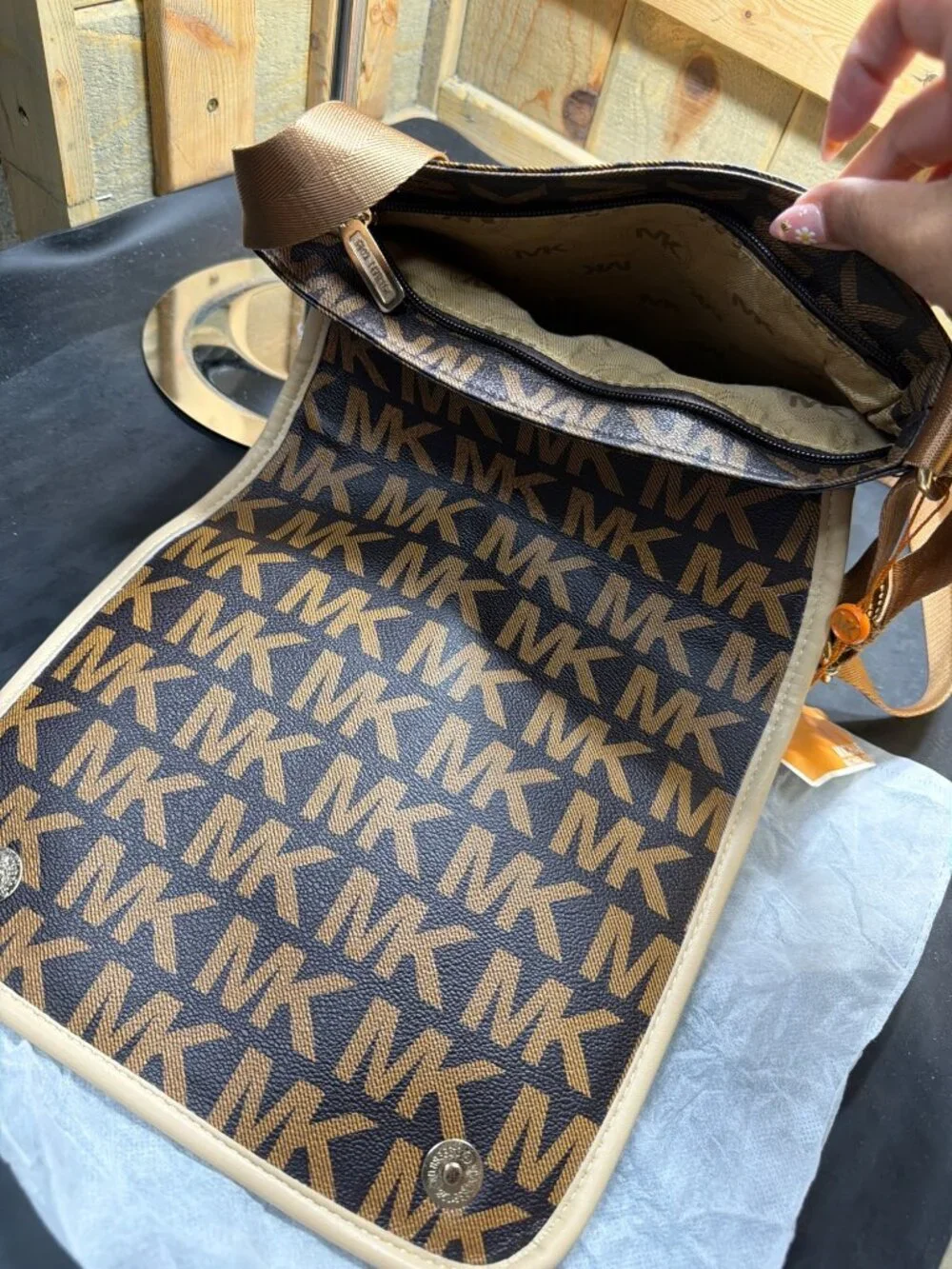 Michael Kors Brown MK Signature Monogram Flap Crossbody Messenger Bag Womens